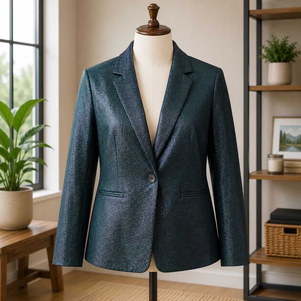 Joan Rivers Red Carpet Blazer Womens Medium Teal Green Metallic Shimmer Jacket